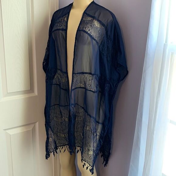 Designer Swimwear Lace Trim Cover-up Kimono Wrap M Navy - Picture 1 of 10